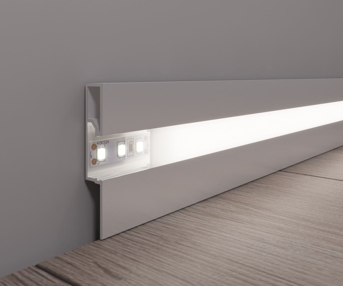 Плінтус прямокутний з led підсвіткою, алюмінієвий 60мм, білий WT-Profil