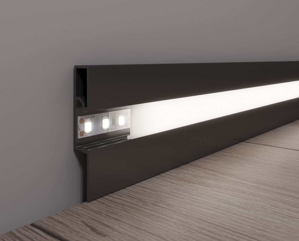 Плінтус прямокутний з led підсвіткою, алюмінієвий 60мм, чорний WT-Profil